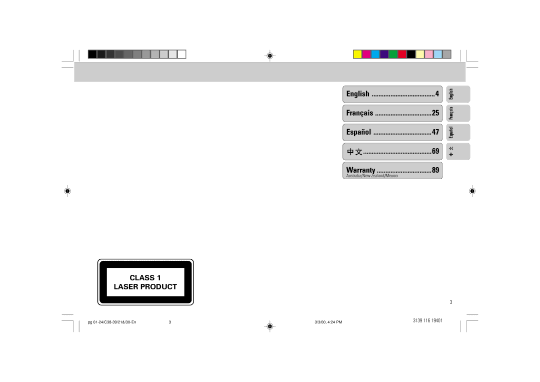 Philips FW-C39 manual Class Laser Product, Español Français English 