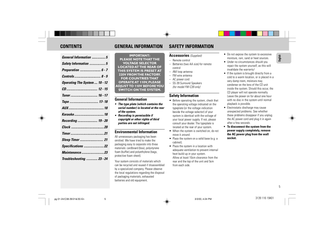 Philips FW-C39 manual General Information Safety Information, Accessories Supplied, Environmental Information 