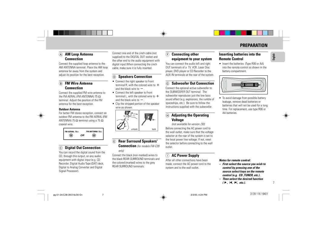 Philips FW-C39 manual AM Loop Antenna Connection, FM Wire Antenna Connection, Digital Out Connection, Speakers Connection 