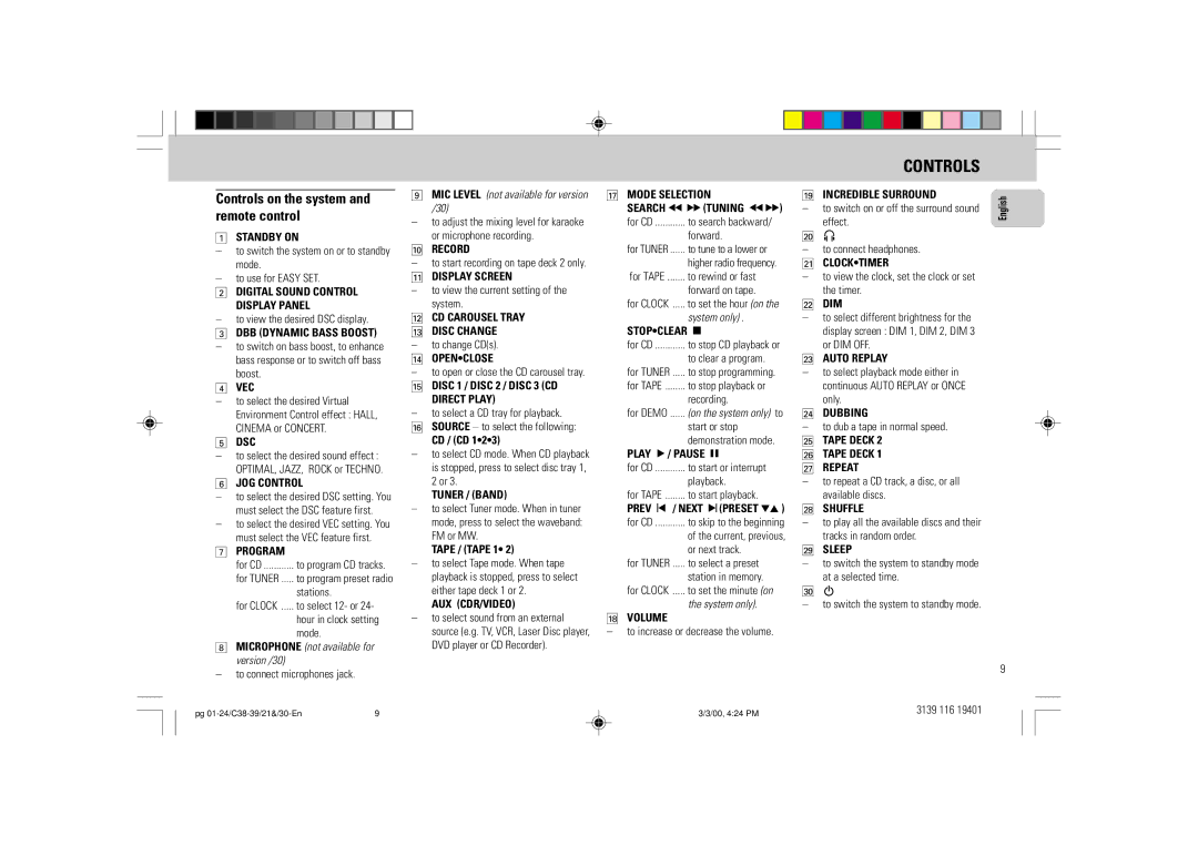 Philips FW-C39 manual Controls on the system and remote control, Microphone not available for version /30 