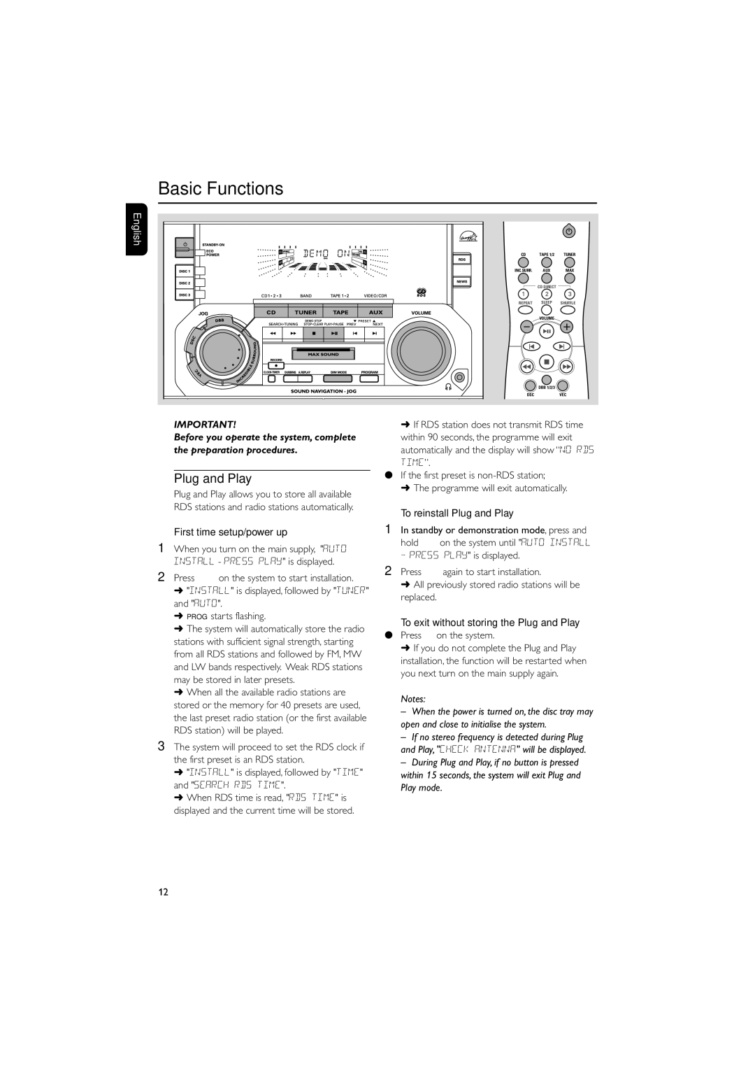 Philips FW-C390 manual Basic Functions, First time setup/power up, To reinstall Plug and Play 