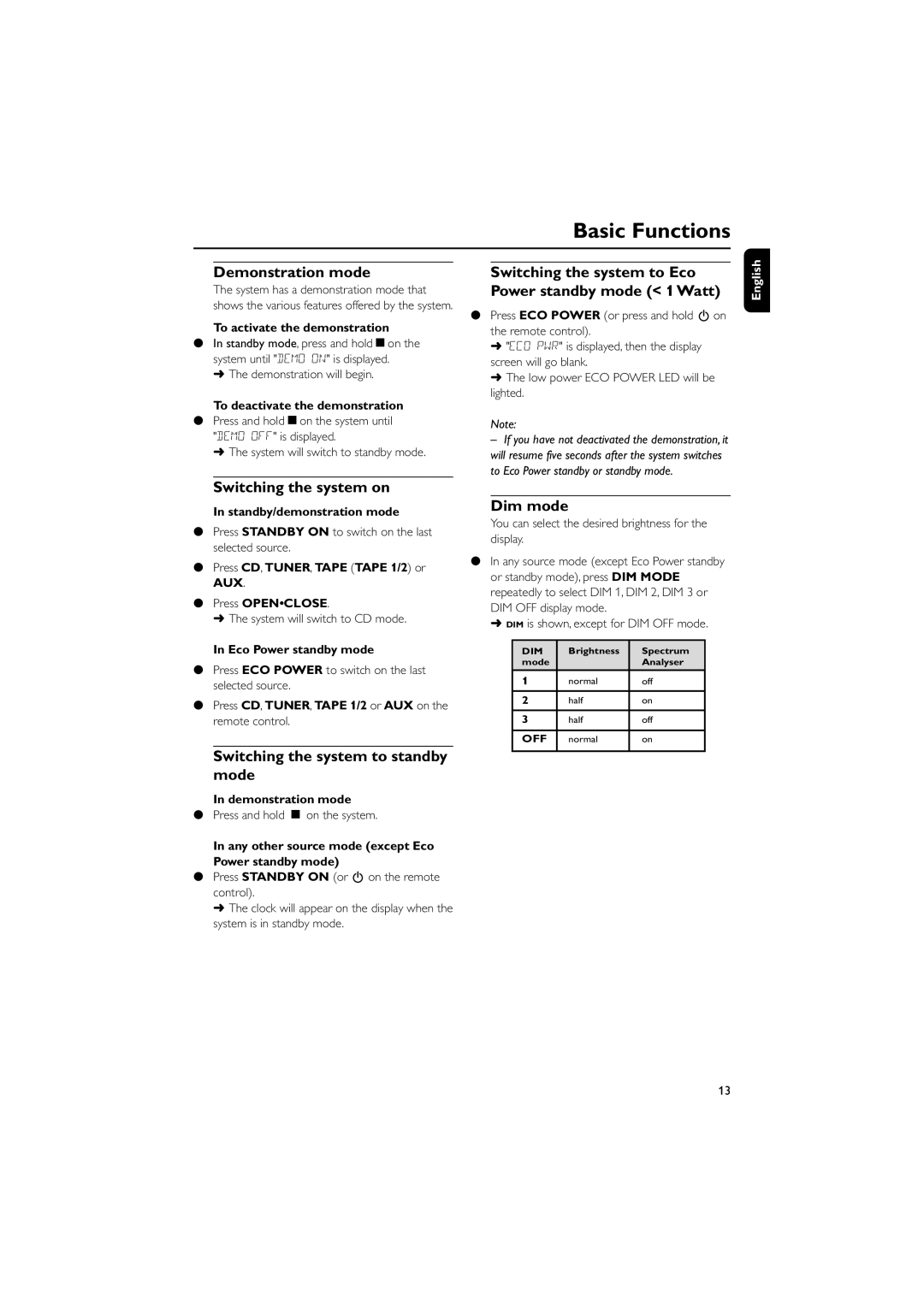 Philips FW-C390 manual Demonstration mode, Switching the system to Eco Power standby mode 1 Watt, Switching the system on 