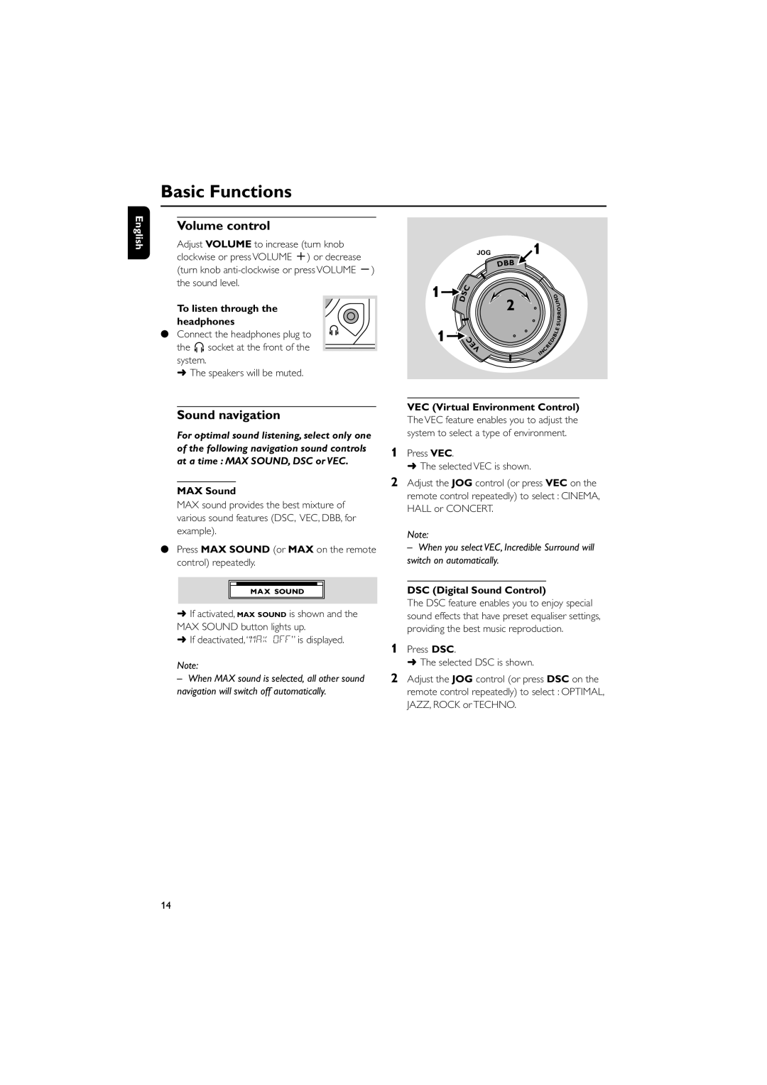 Philips FW-C390 manual Volume control, Sound navigation 