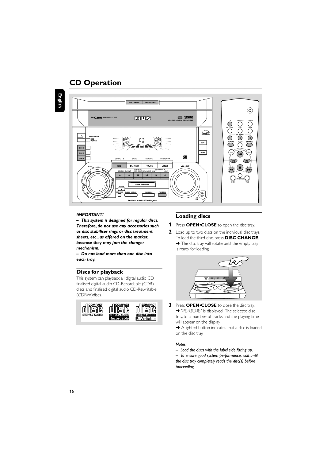 Philips FW-C390 CD Operation, Discs for playback, Loading discs, Load the discs with the label side facing up, Proceeding 