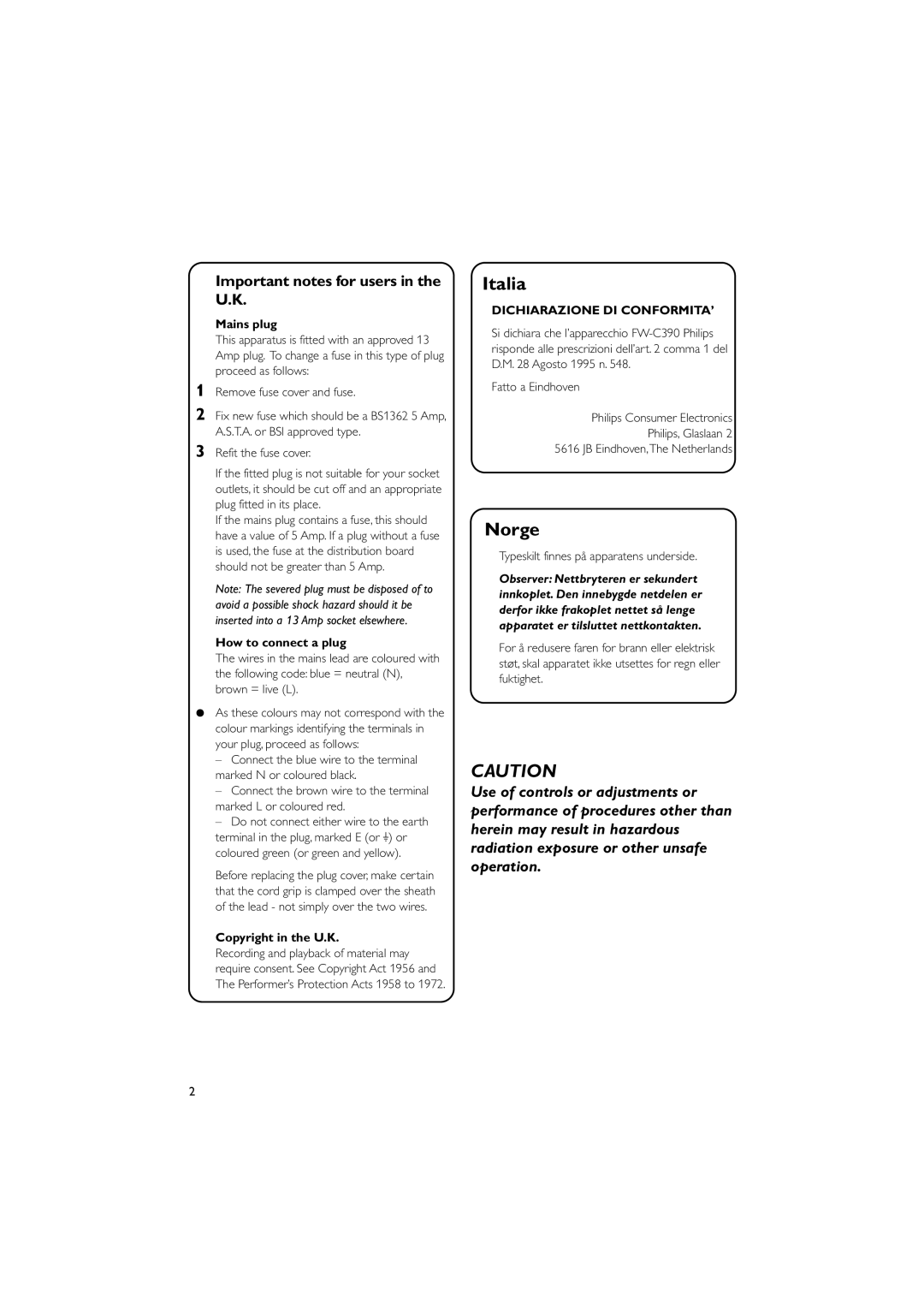 Philips FW-C390 manual Important notes for users in the U.K, Mains plug, How to connect a plug, Copyright in the U.K 