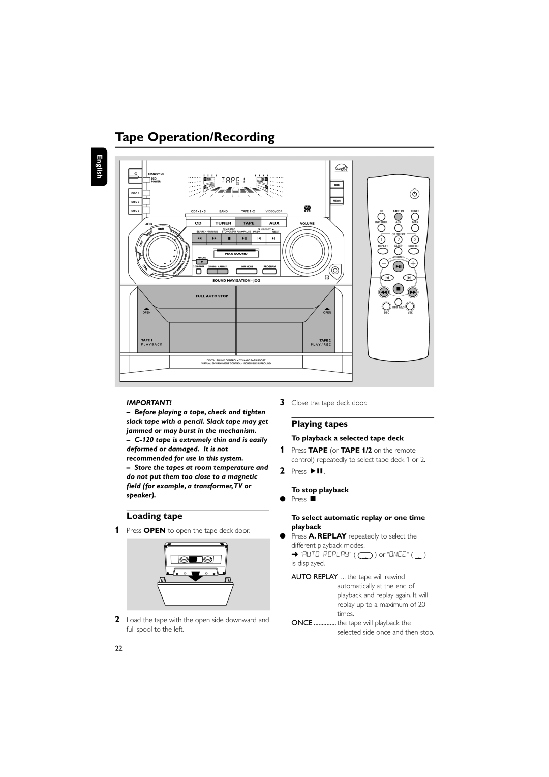 Philips FW-C390 manual Tape Operation/Recording, Loading tape, Playing tapes, To playback a selected tape deck 