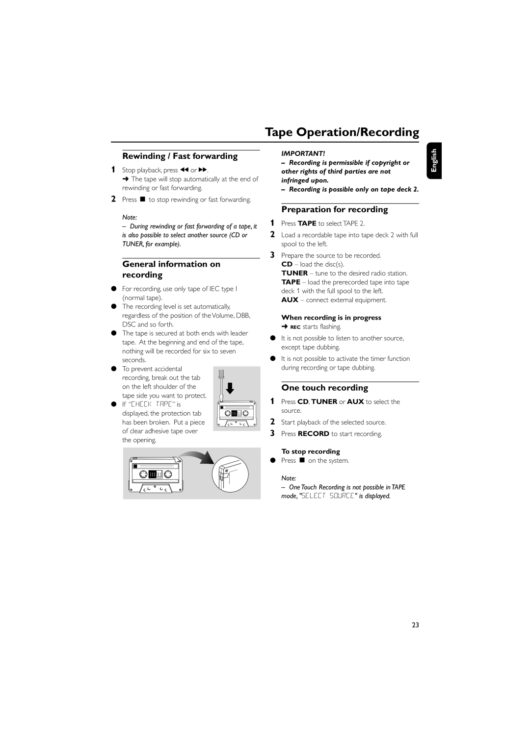 Philips FW-C390 manual Rewinding / Fast forwarding, General information on recording, Preparation for recording 