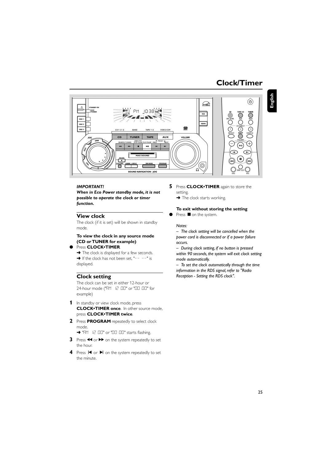 Philips FW-C390 manual View clock, Clock setting, Clock if it is set will be shown in standby mode 