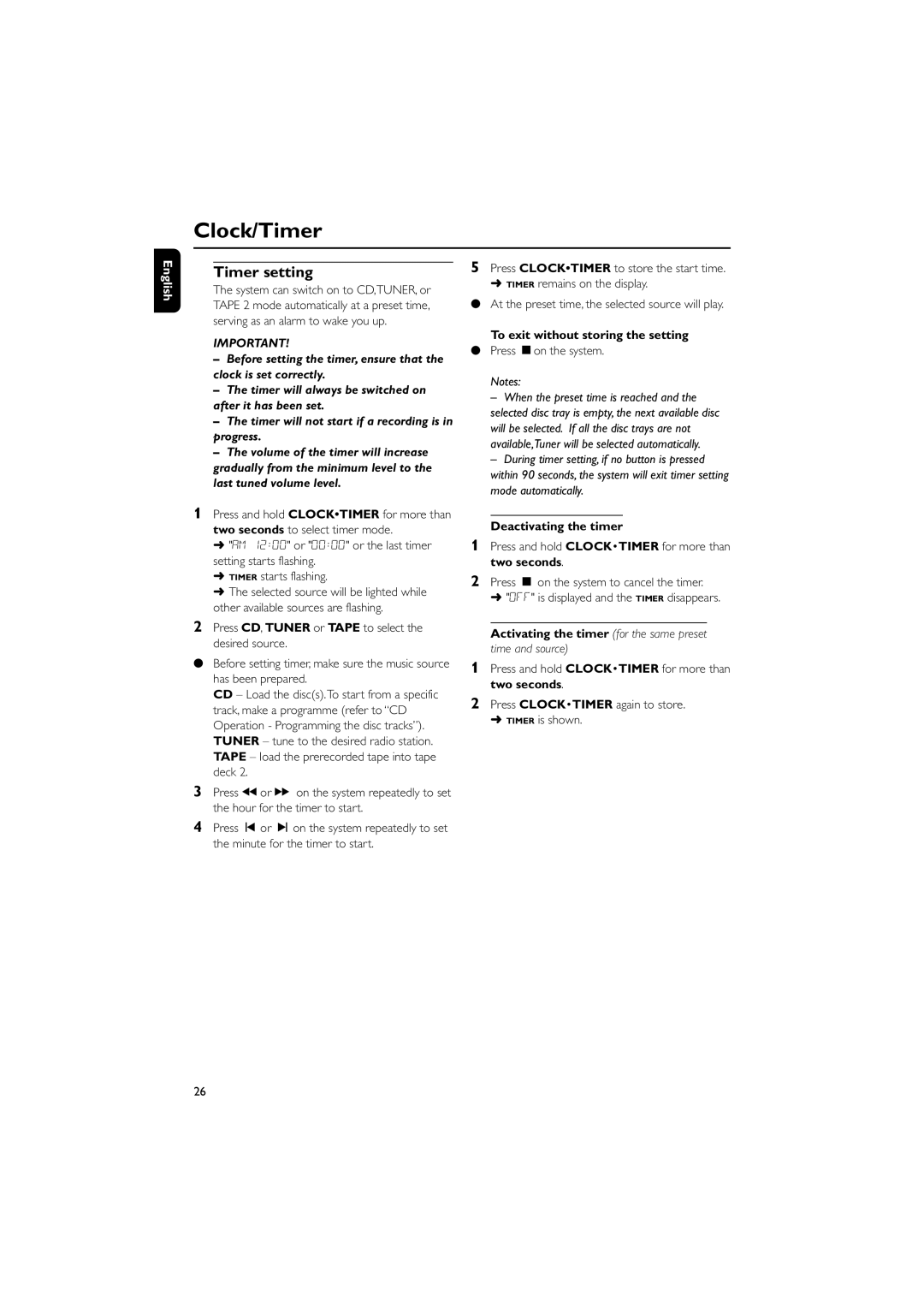 Philips FW-C390 manual Clock/Timer, Timer setting, Deactivating the timer, Activating the timer for the same preset 