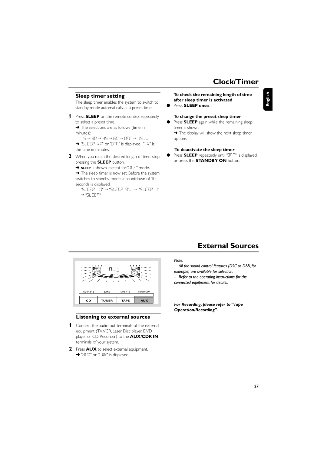 Philips FW-C390 manual External Sources, Sleep timer setting, Listening to external sources, To deactivate the sleep timer 