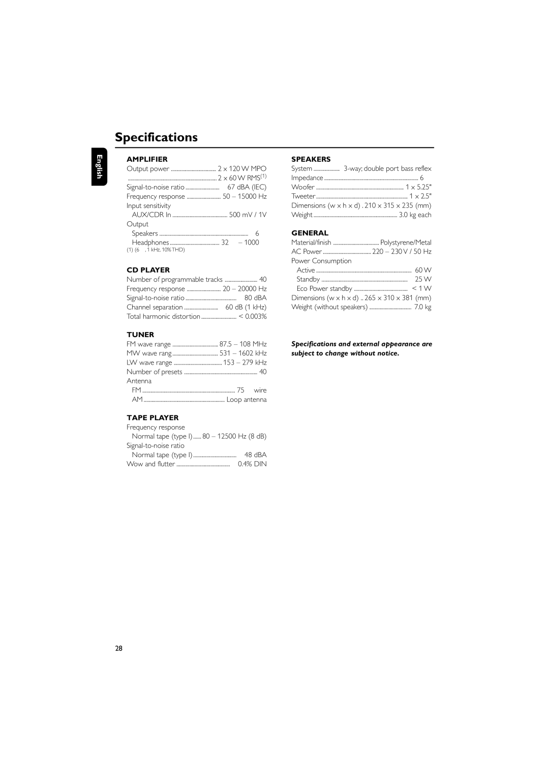 Philips FW-C390 manual Specifications 