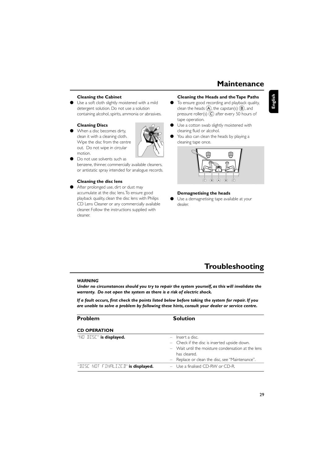 Philips FW-C390 manual Maintenance, Troubleshooting, Problem Solution, CD Operation 