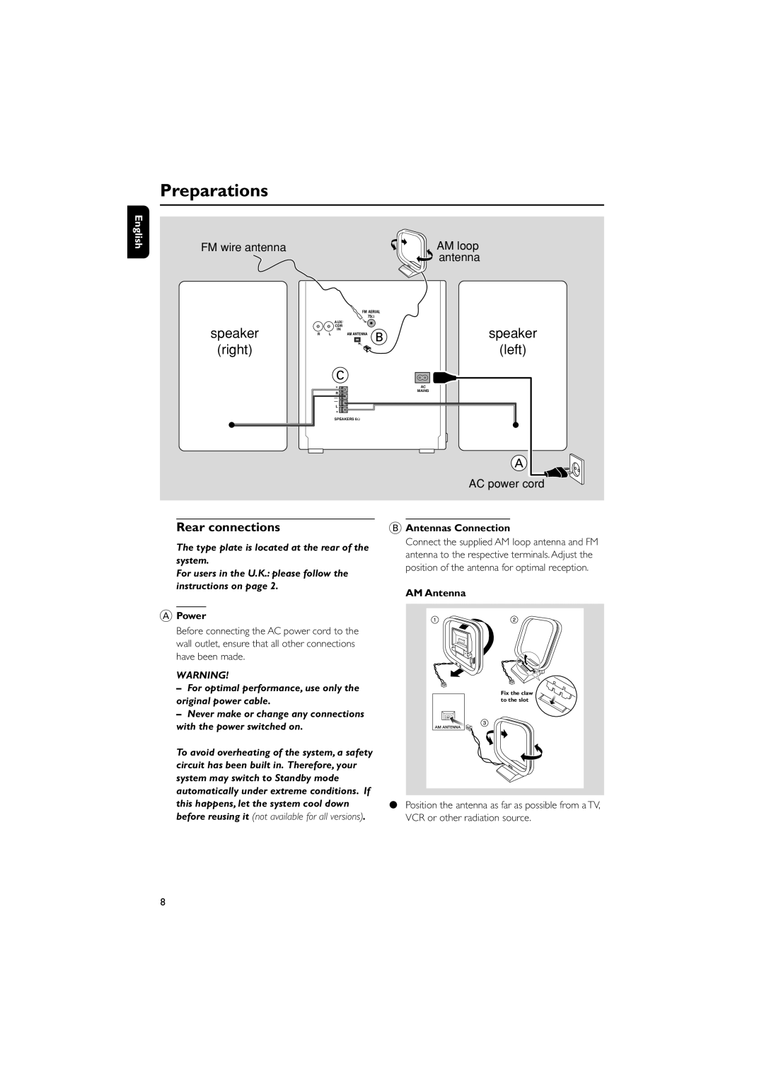 Philips FW-C390 manual Preparations, Rear connections, Power, Antennas Connection, AM Antenna 