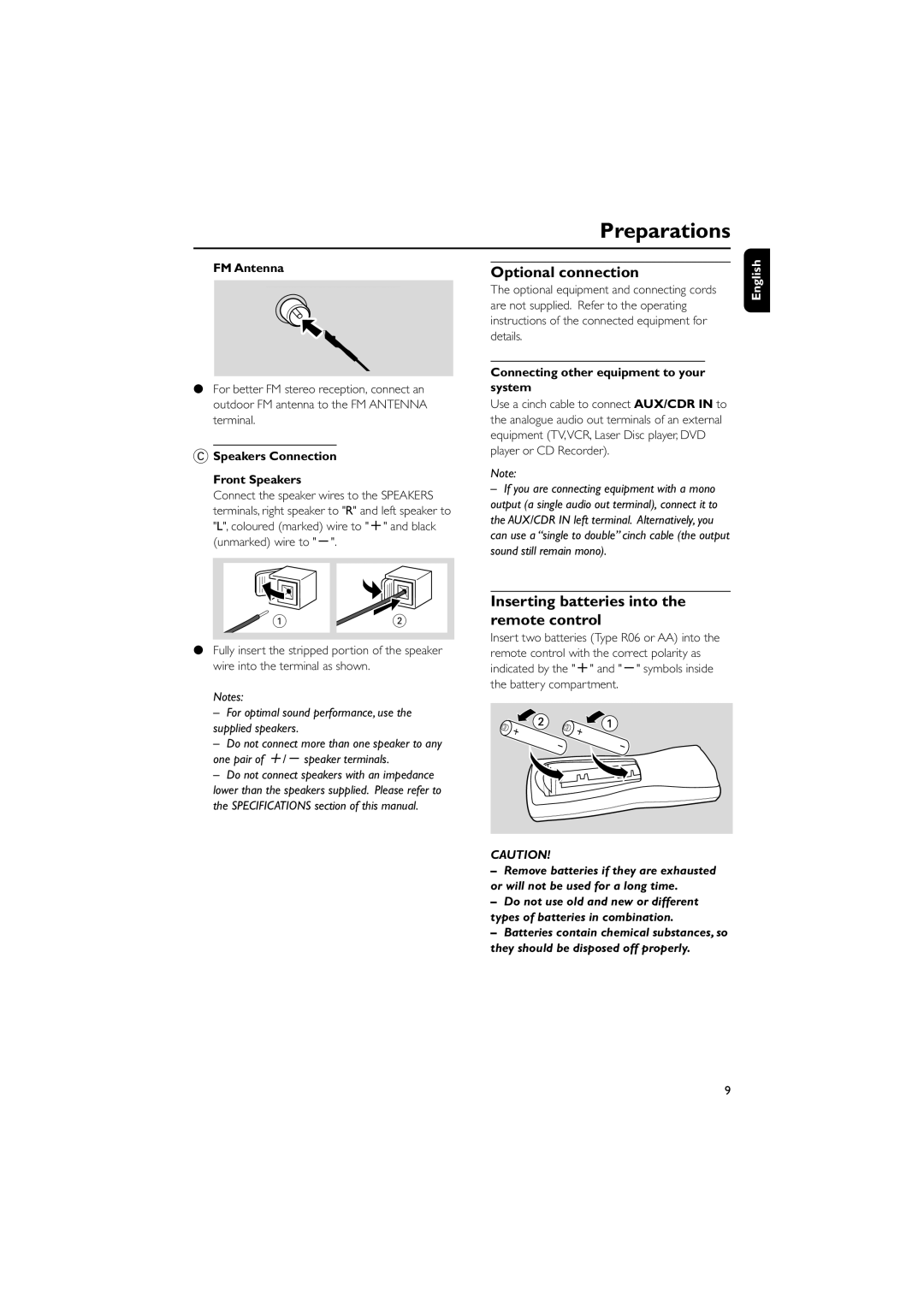 Philips FW-C390 manual Optional connection, Inserting batteries into the remote control, FM Antenna 