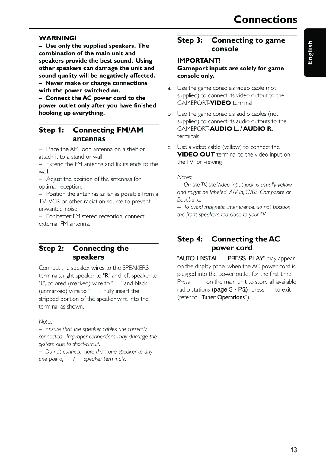 Philips FW-C557/37 warranty Connecting FM/AM antennas, Connecting to game console, Connecting the speakers 