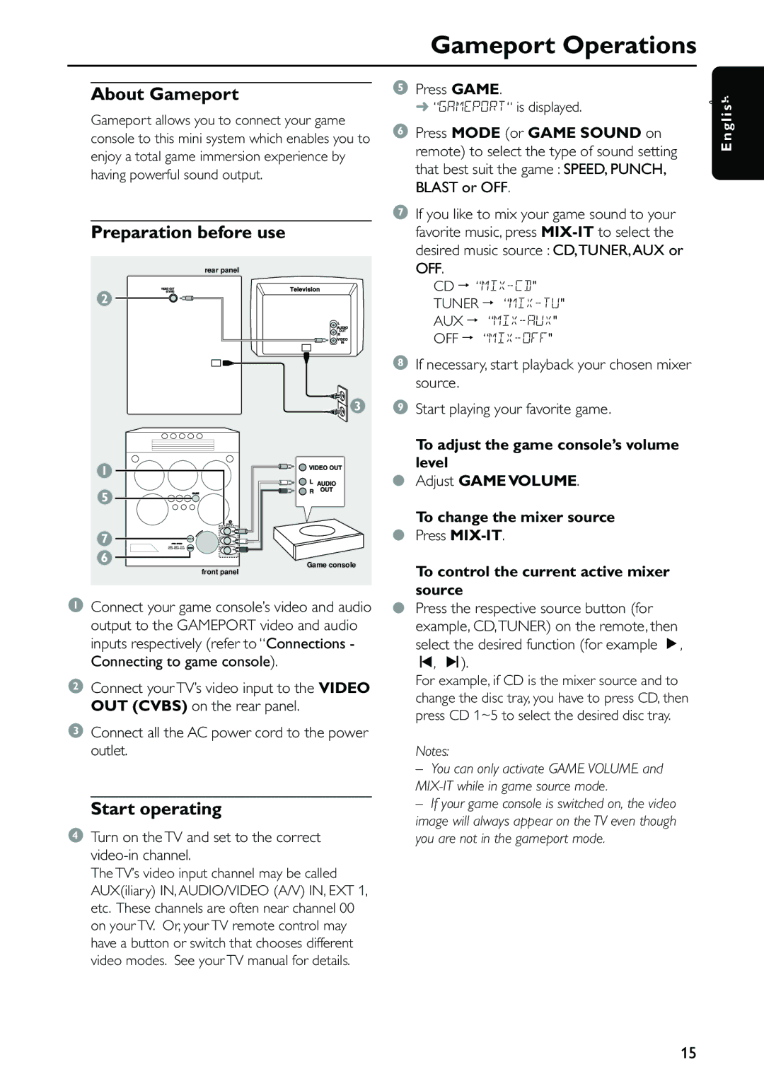 Philips FW-C557/37 warranty Gameport Operations, About Gameport, Preparation before use, Start operating 