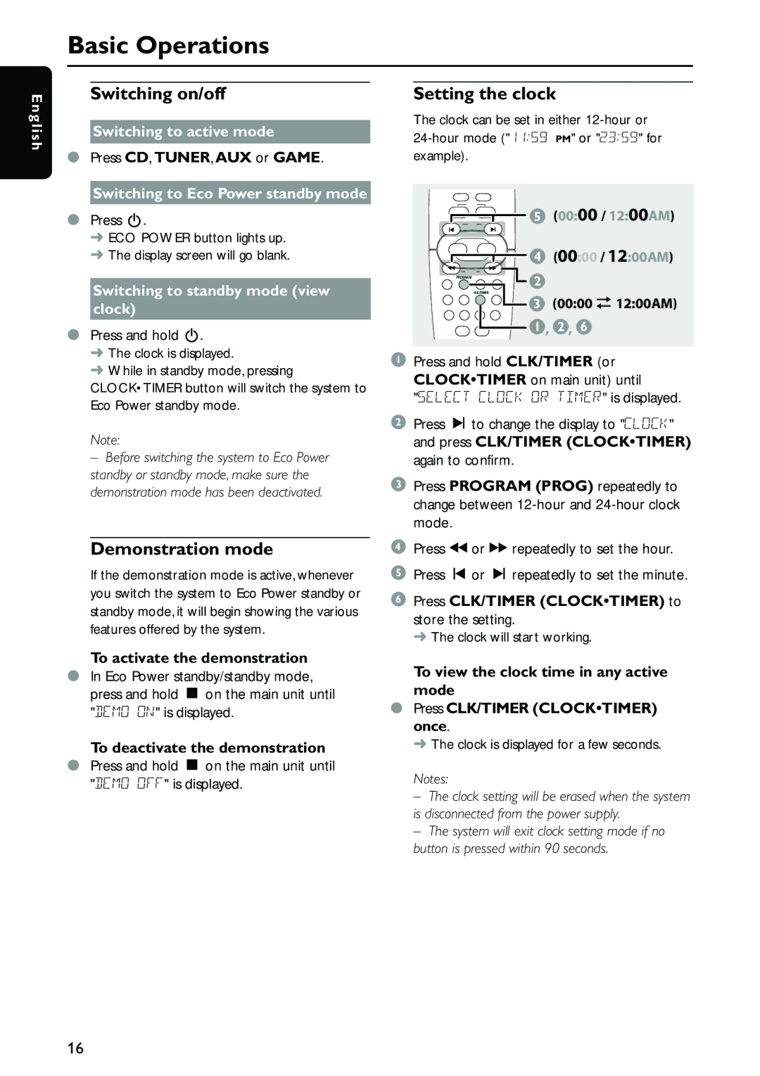 Philips FW-C557/37 warranty Basic Operations, Switching on/off, Setting the clock, Demonstration mode 