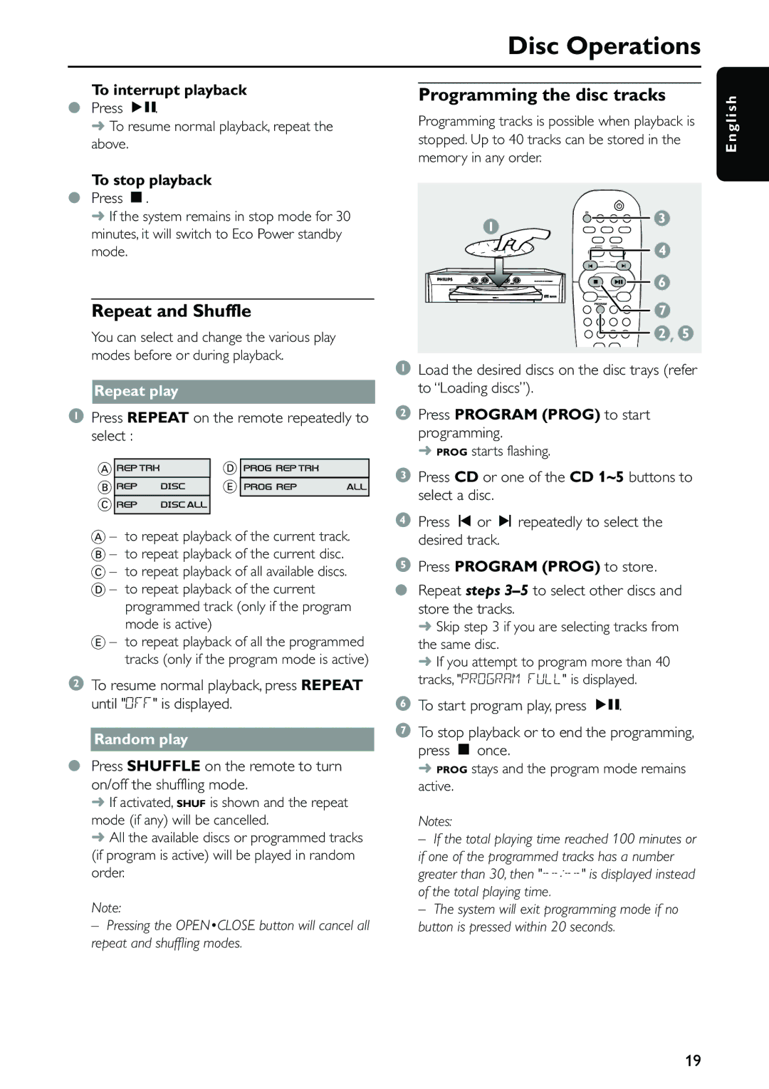 Philips FW-C557/37 warranty Repeat and Shuffle, Programming the disc tracks, Repeat play, Random play 