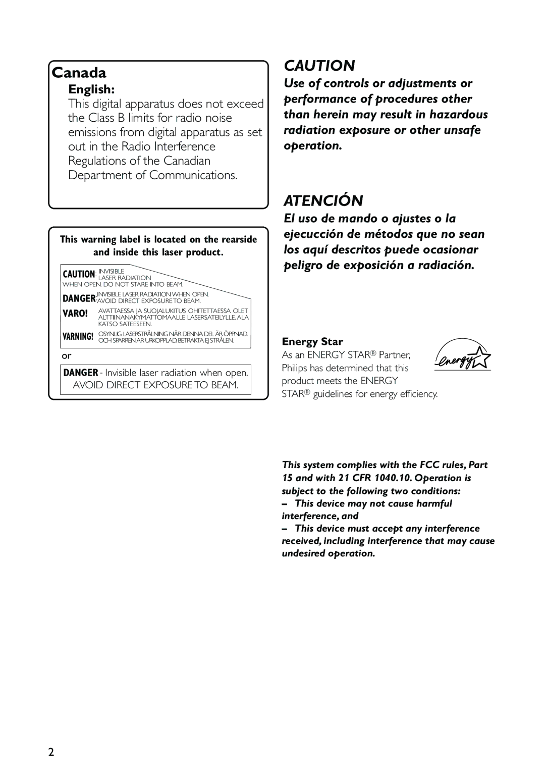 Philips FW-C557/37 warranty English, Inside this laser product, Energy Star 