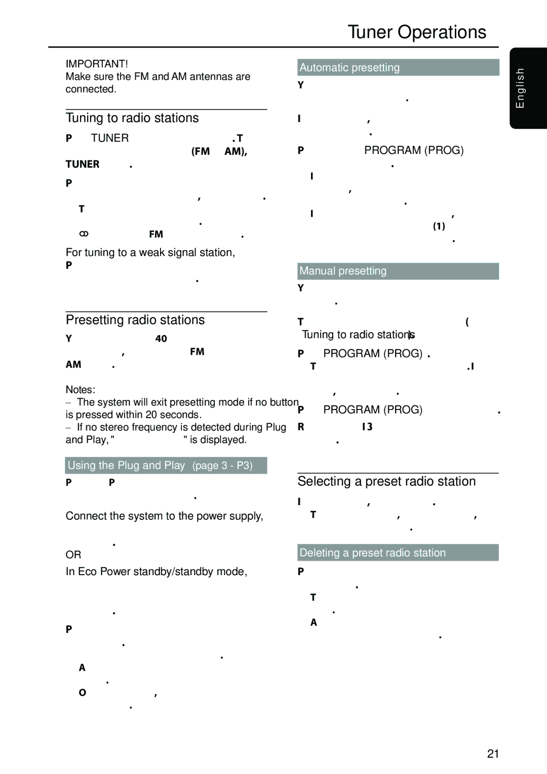 Philips FW-C557/37 Tuner Operations, Tuning to radio stations, Presetting radio stations, Selecting a preset radio station 