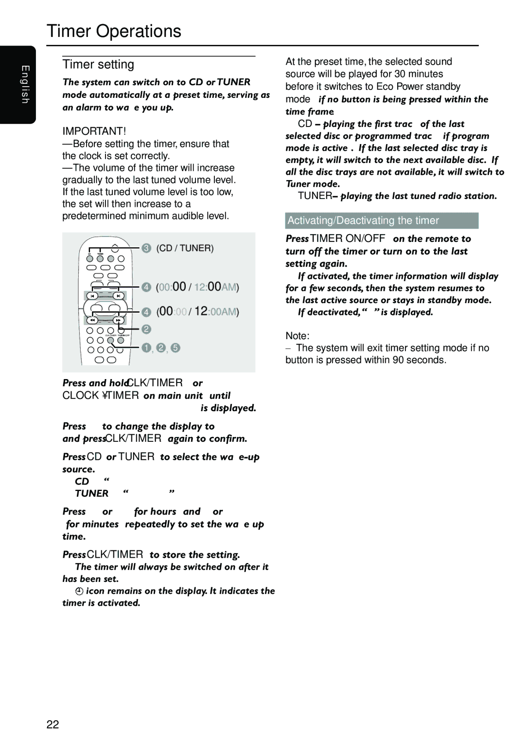 Philips FW-C557/37 warranty Timer Operations, Timer setting, En g li sh, Activating/Deactivating the timer 