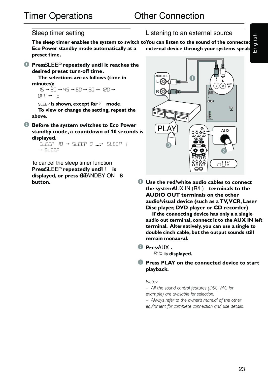 Philips FW-C557/37 warranty Timer Operations Other Connection, Sleep timer setting, Listening to an external source 