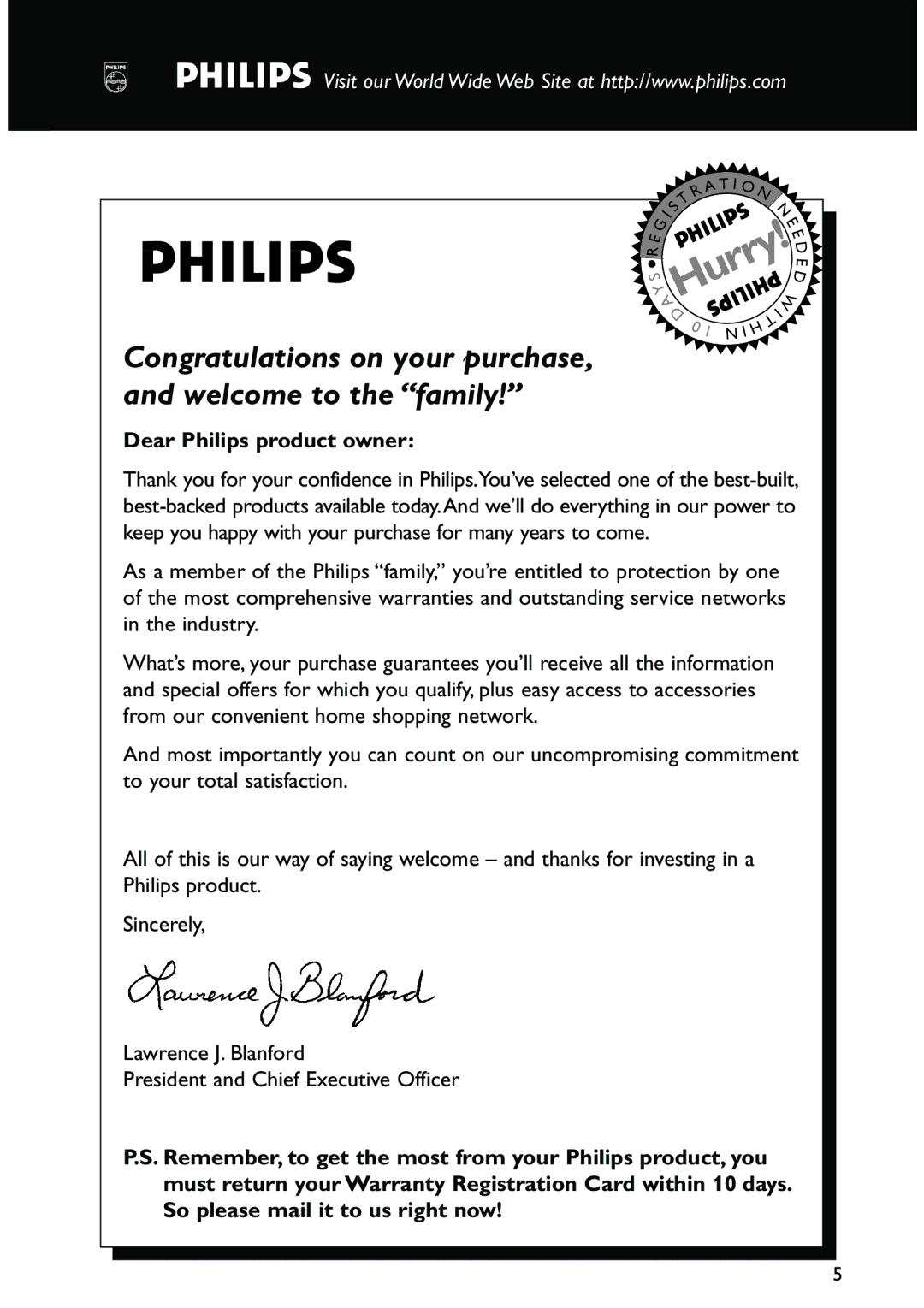 Philips FW-C557/37 warranty Hurry, Dear Philips product owner 