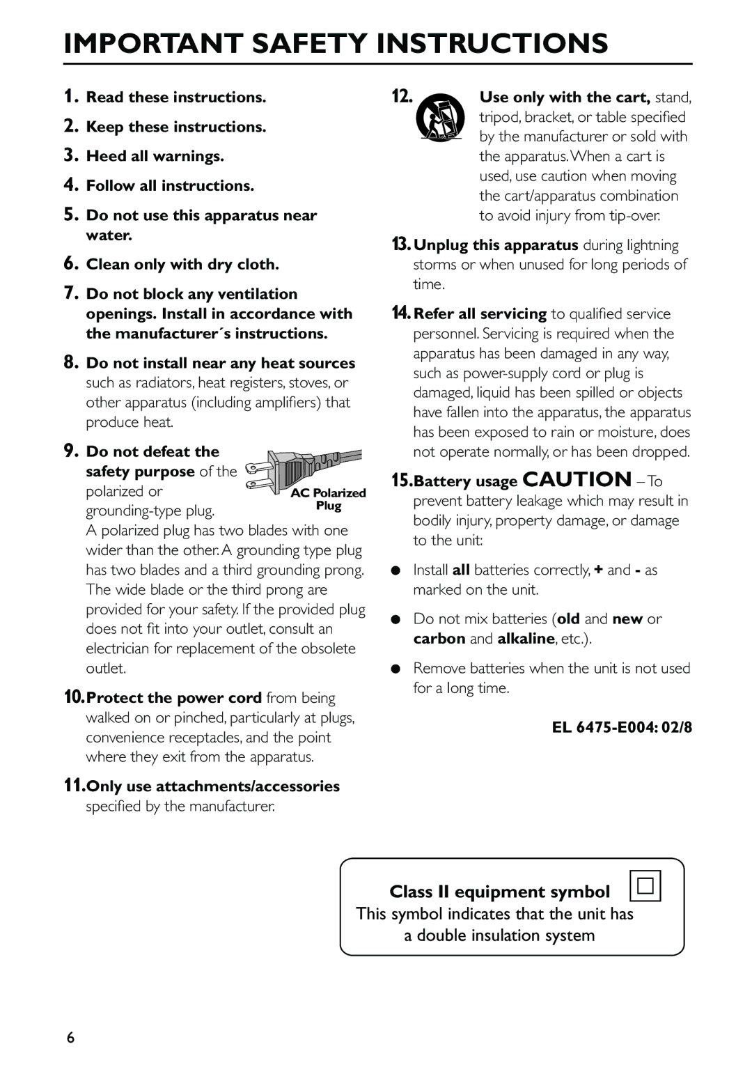 Philips FW-C557/37 warranty Important Safety Instructions, Class II equipment symbol 