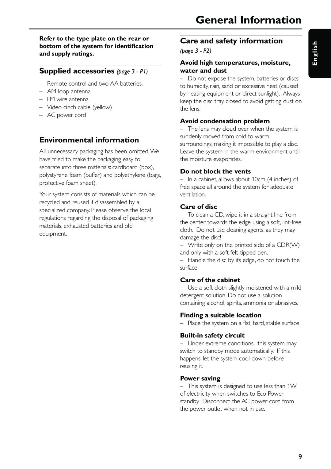 Philips FW-C557/37 warranty Care and safety information, Supplied accessories page 3 P1, Environmental information, L i s h 