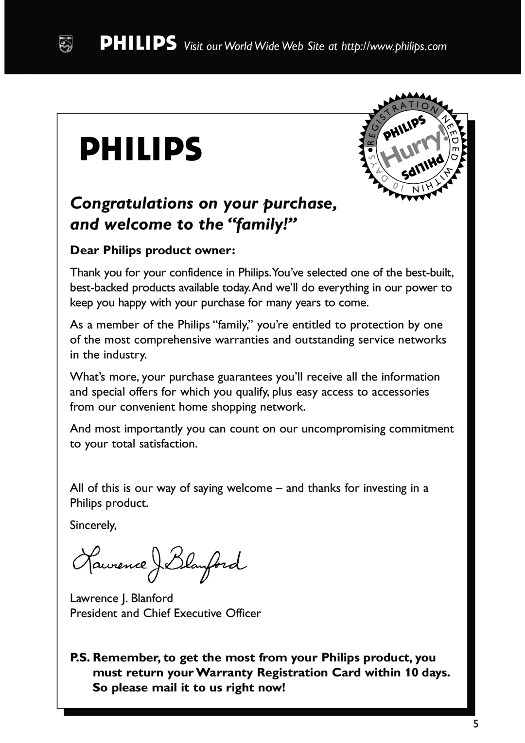 Philips FW-C557/37 warranty Dear Philips product owner, Hurry 