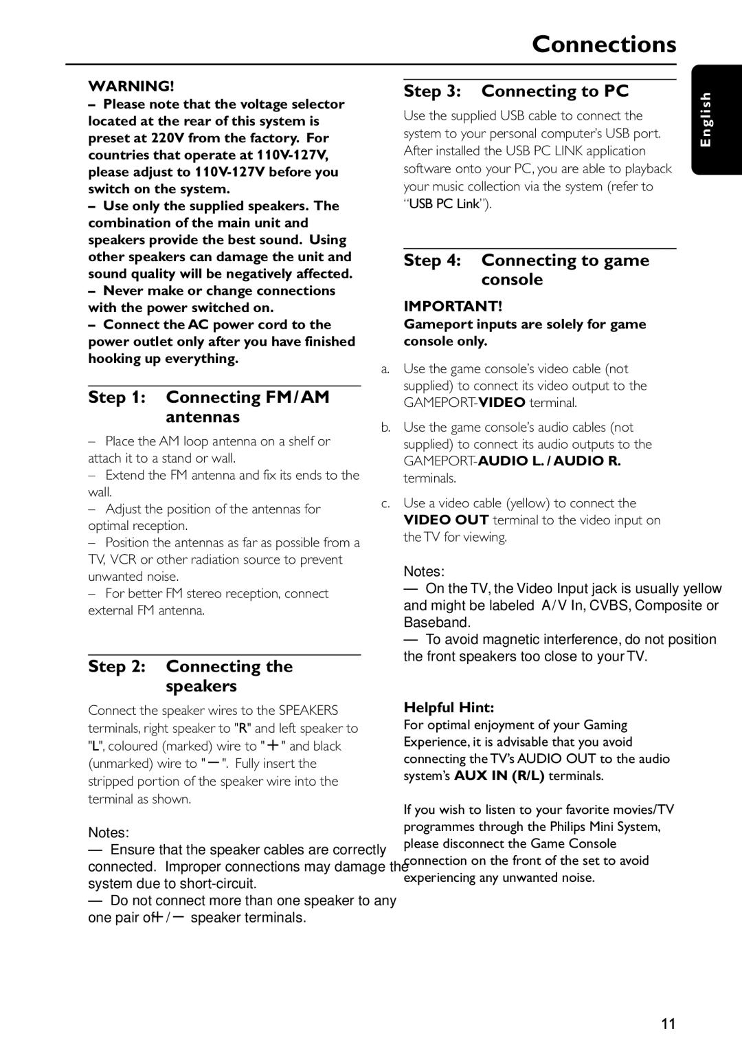 Philips FW-C577 Connecting FM/AM Antennas, Connecting Speakers, Connecting to PC, Connecting to game console, G l i s h 