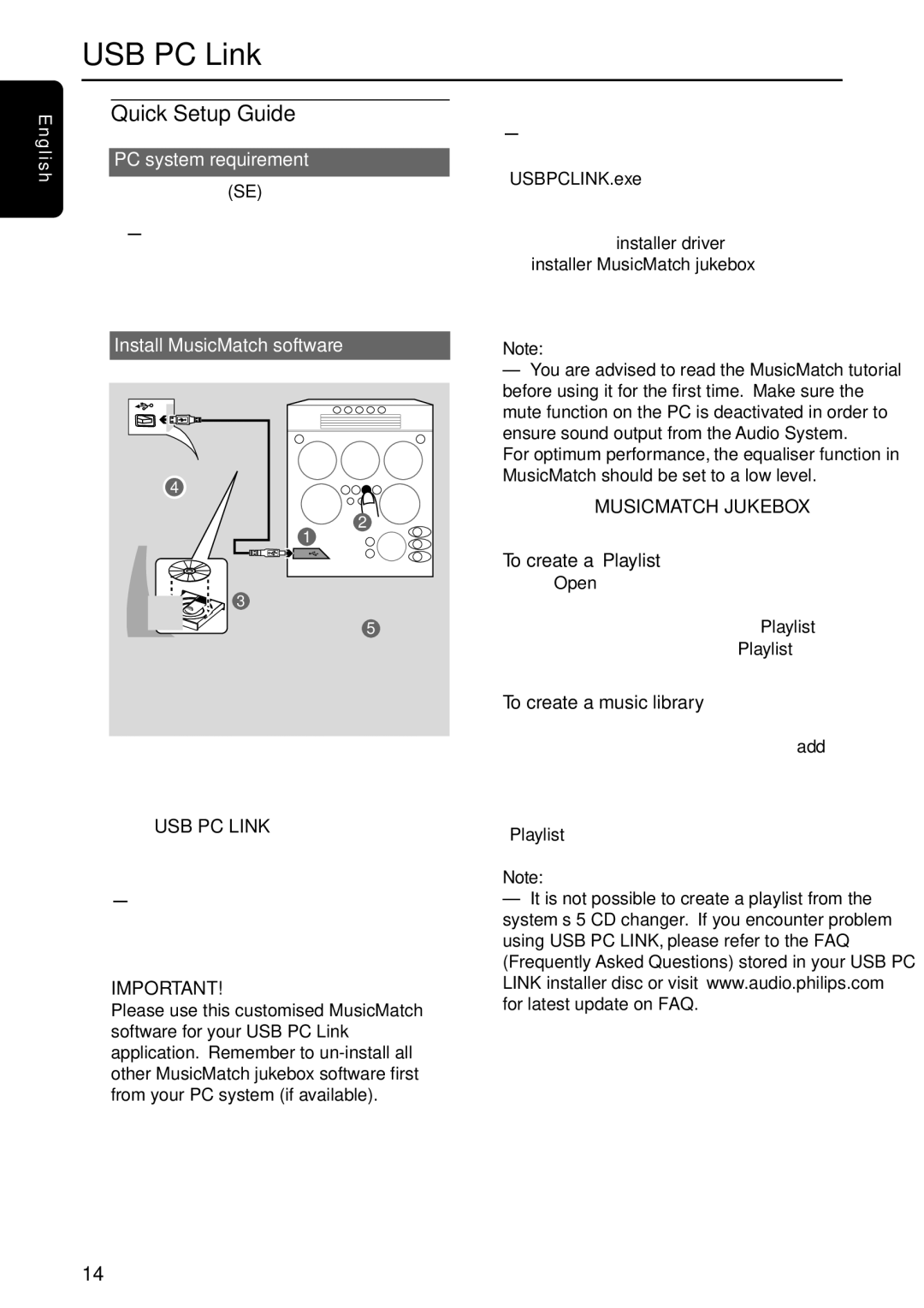 Philips FW-C577 manual USB PC Link, Quick Setup Guide, PC system requirement, Install MusicMatch software 