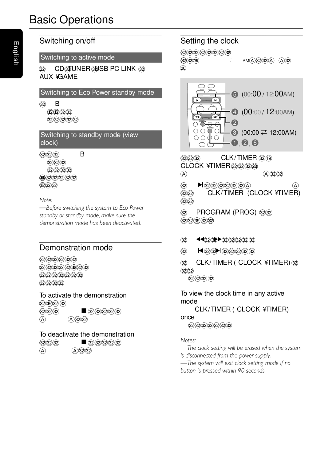 Philips FW-C577 manual Basic Operations, Switching on/off, Demonstration mode, Setting the clock 