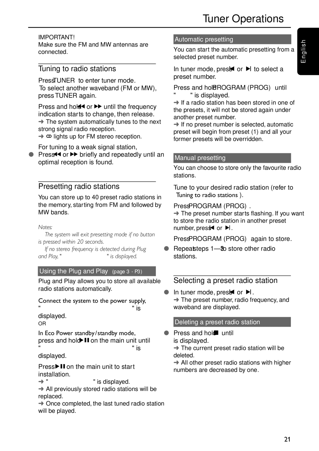 Philips FW-C577 Tuner Operations, Tuning to radio stations, Presetting radio stations, Selecting a preset radio station 