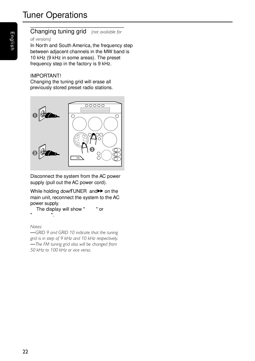 Philips FW-C577 manual Changing tuning grid not available for, Power supply Display will show Grid 9 or Grid 