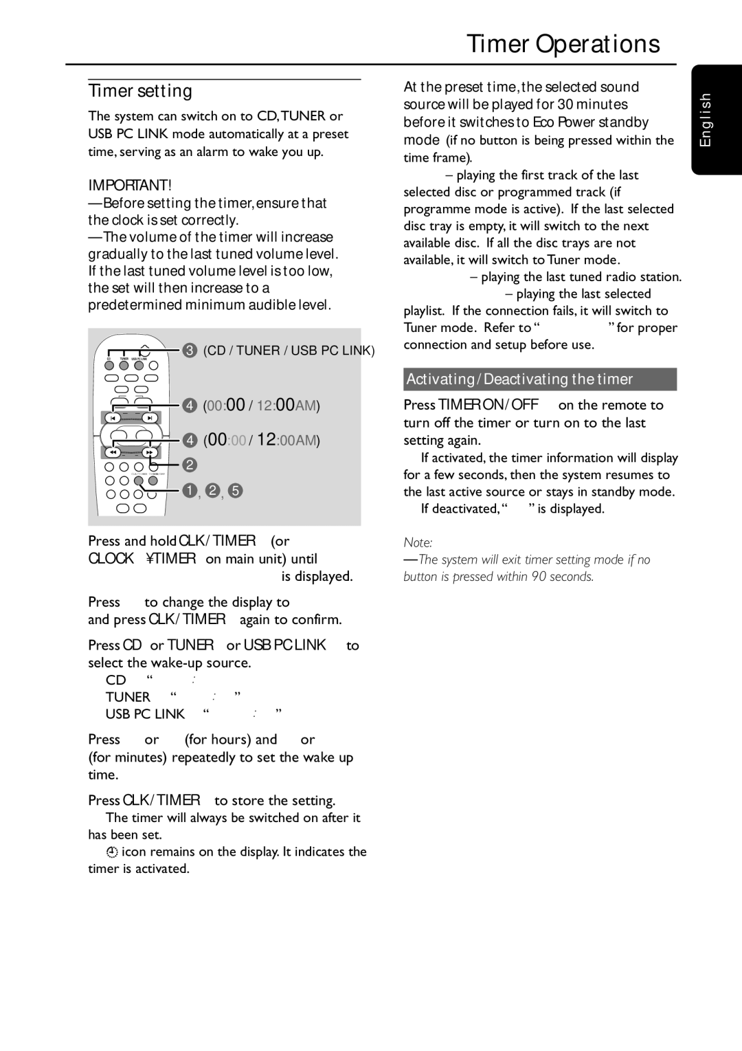 Philips FW-C577 manual Timer Operations, Timer setting, Activating/Deactivating the timer, If deactivated, OFF is displayed 