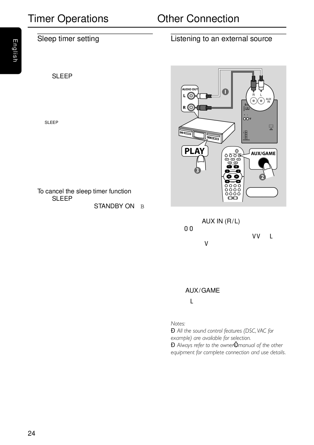 Philips FW-C577 manual Timer Operations Other Connection, Sleep timer setting, Listening to an external source 