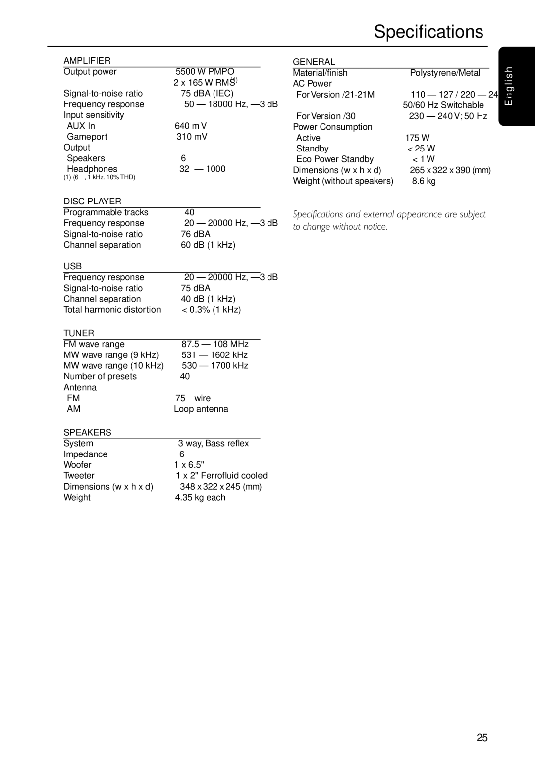 Philips FW-C577 manual Specifications, Amplifier 