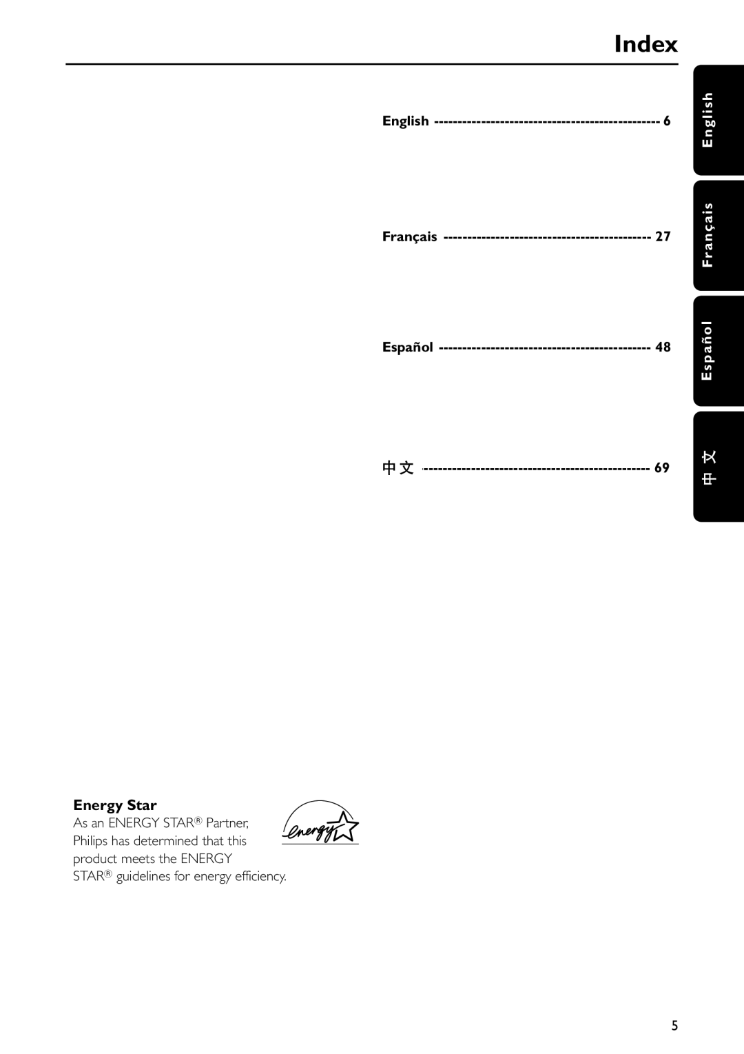 Philips FW-C577 Index, Español Français English, As an Energy Starr Partner, Starr guidelines for energy efficiency 