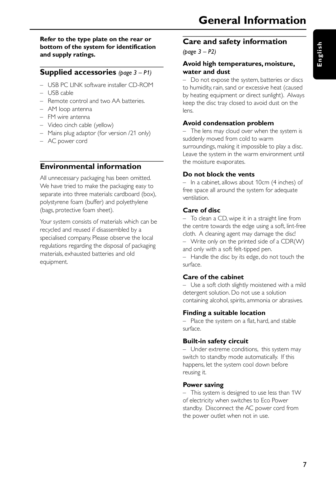 Philips FW-C577 manual Care and safety information, Supplied accessories page 3 P1, Environmental information, Nglish 