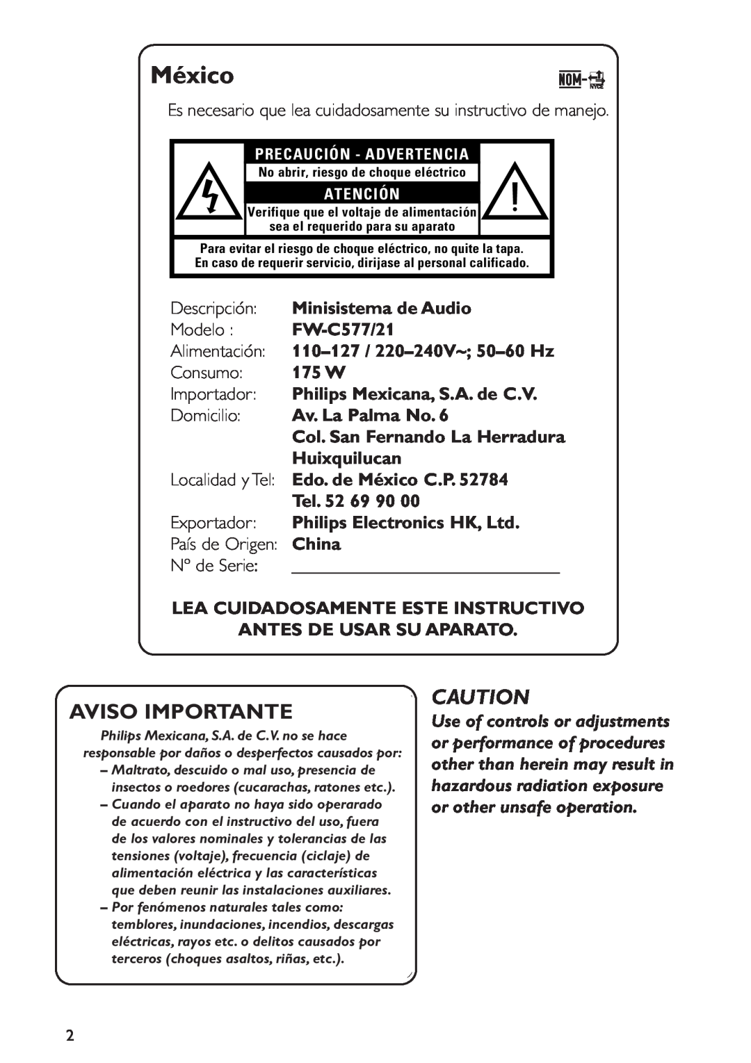 Philips FW-C577 manual México, Aviso Importante 