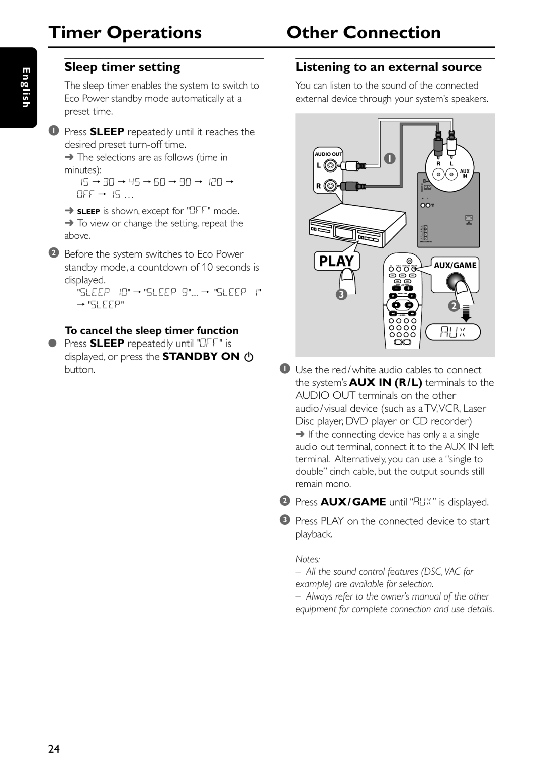 Philips FW-C577 manual Other Connection, Timer Operations, Play, E n g l i s h, To cancel the sleep timer function 