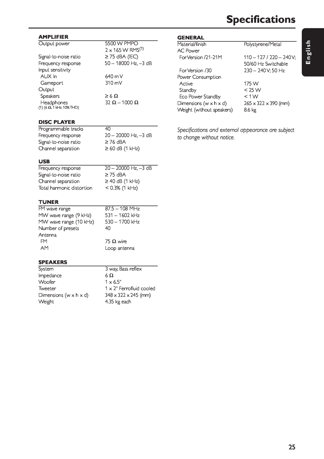 Philips FW-C577 manual Specifications, E n g l i s h, Amplifier, Disc Player, Tuner, Speakers, General 