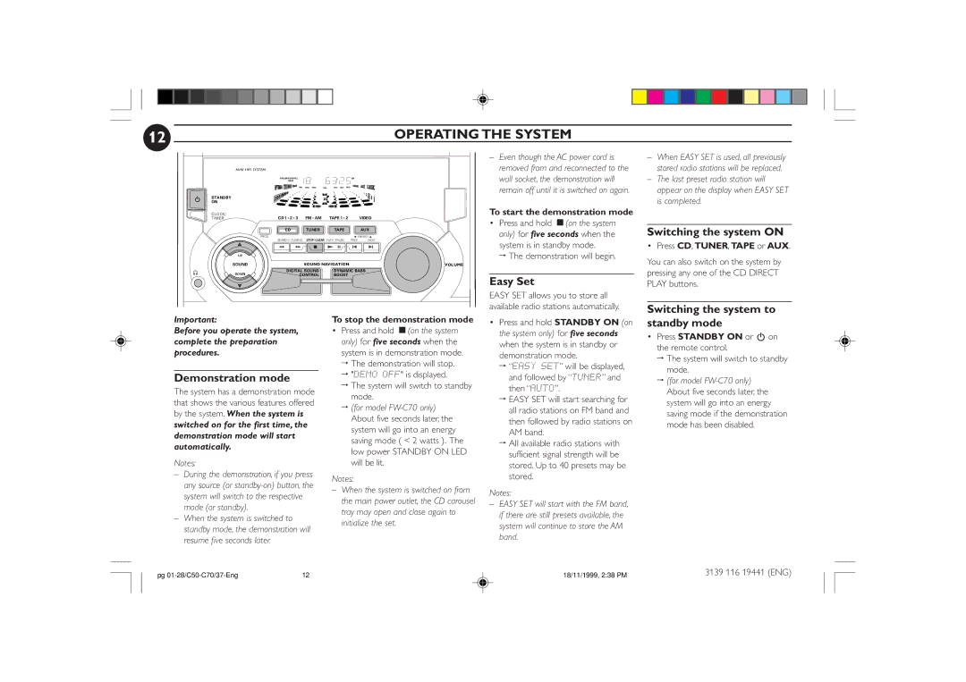 Philips FW-C70, FW-C50 manual Operating the System 