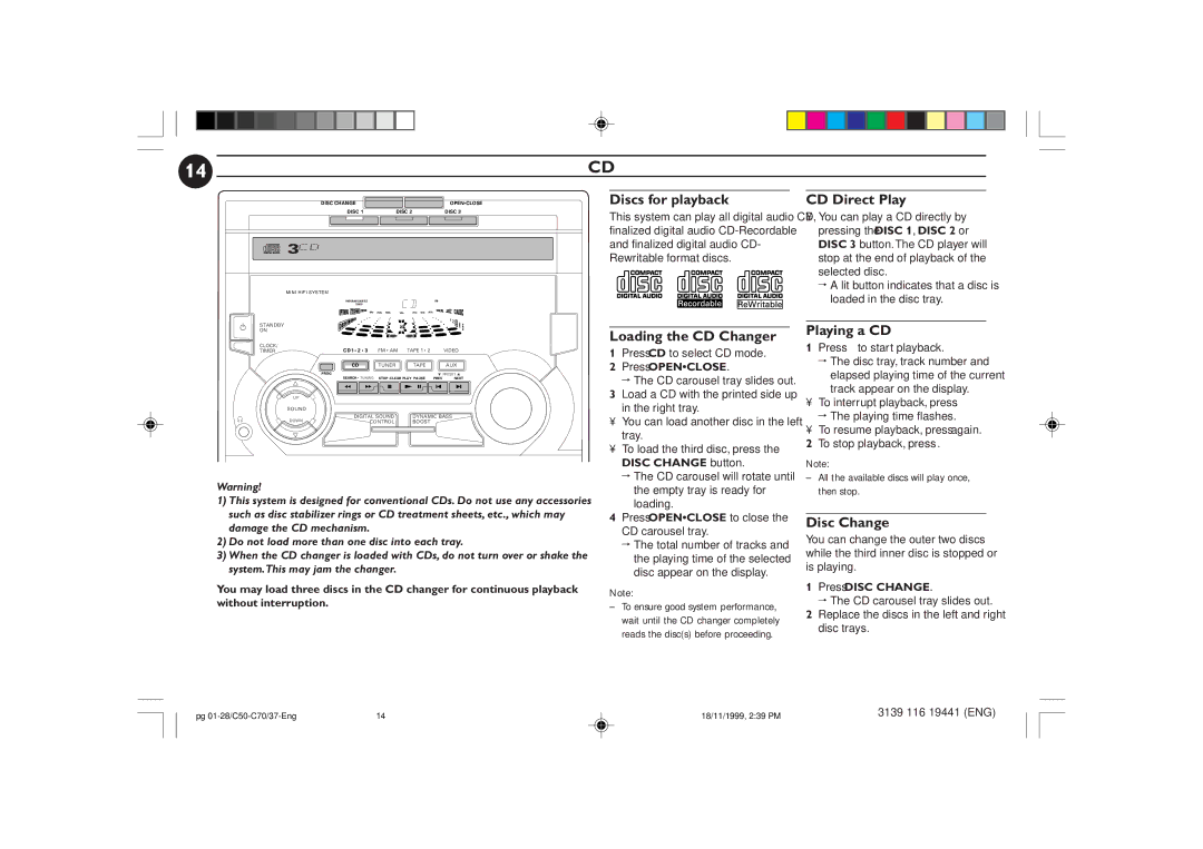 Philips FW-C70, FW-C50 manual Discs for playback, CD Direct Play, Loading the CD Changer, Playing a CD, Disc Change 