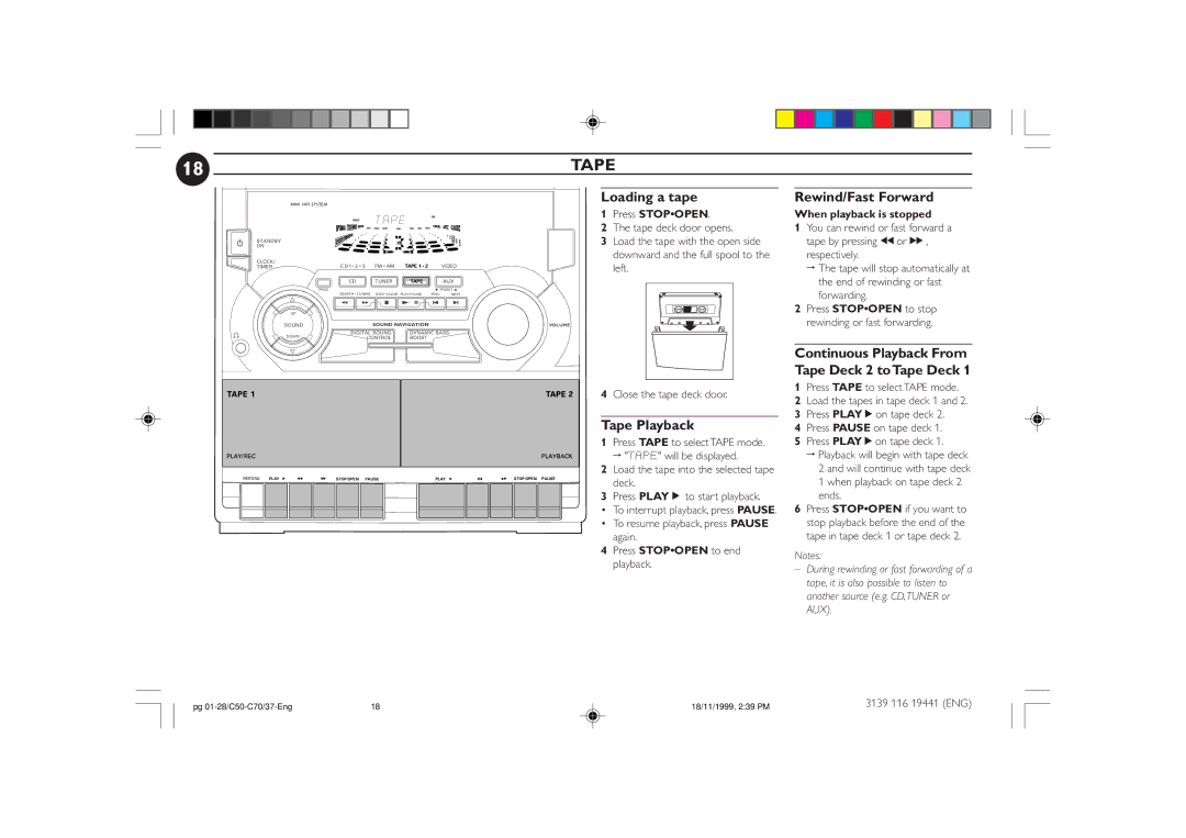 Philips FW-C70, FW-C50 manual Tape, Loading a tape Rewind/Fast Forward 