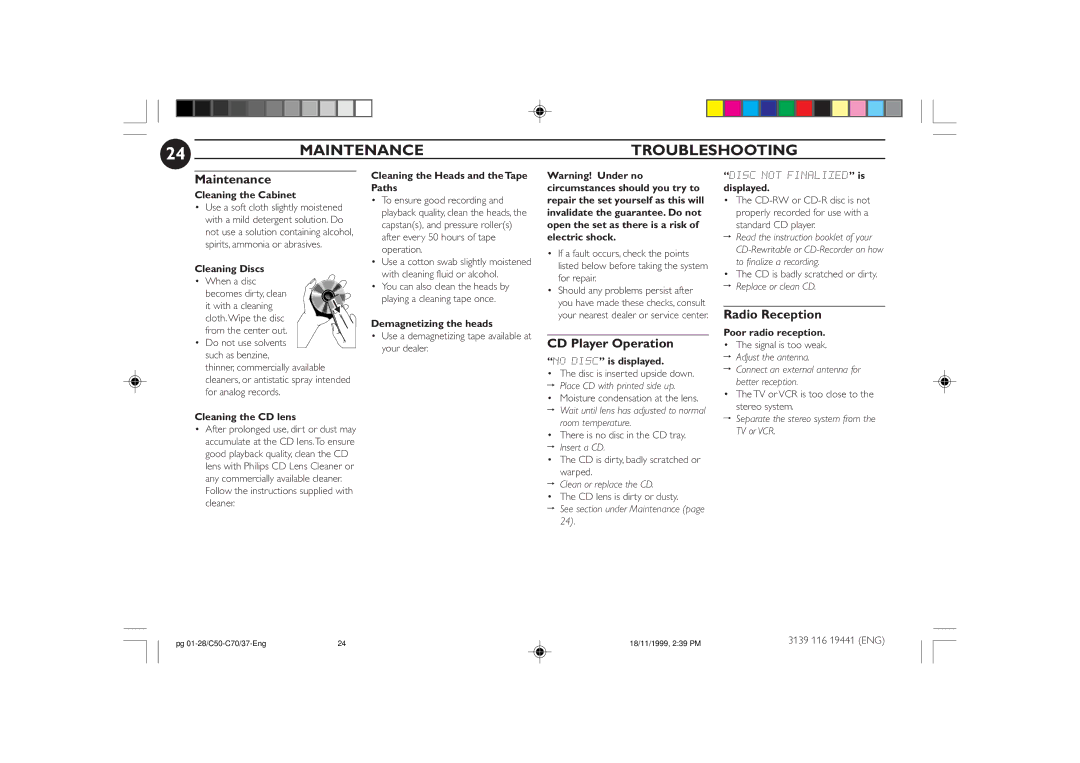 Philips FW-C70, FW-C50 manual Maintenance Troubleshooting, CD Player Operation, Radio Reception 