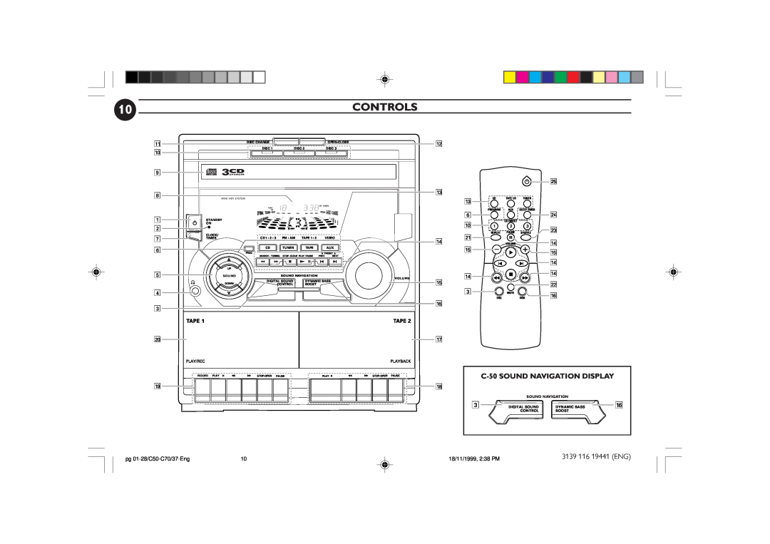 Philips FW-C70, FW-C50 manual Controls, 93CD, C-50SOUND NAVIGATION DISPLAY 