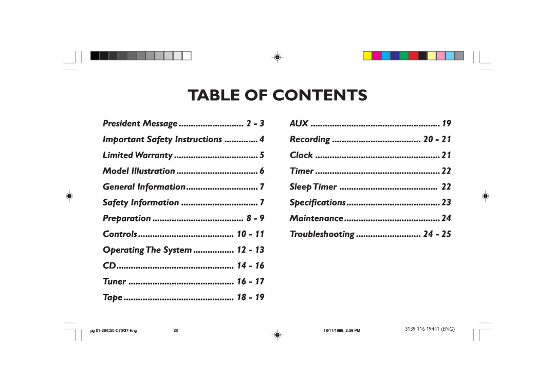 Philips FW-C70, FW-C50 manual Table Of Contents, Recording, Troubleshooting, Operating The System 