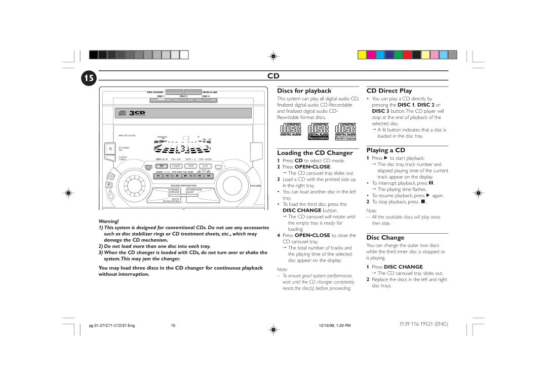 Philips FW-C72 manual Discs for playback, CD Direct Play, Loading the CD Changer, Playing a CD, Disc Change 